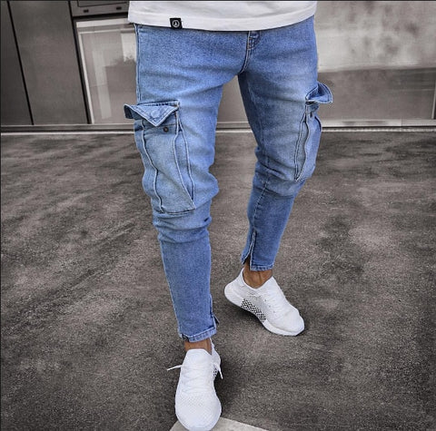 2019 Mens Denim Cargo Pants Jeans with Side Cargo Pocket Tight Jeans Men Slim Fit Long Trousers