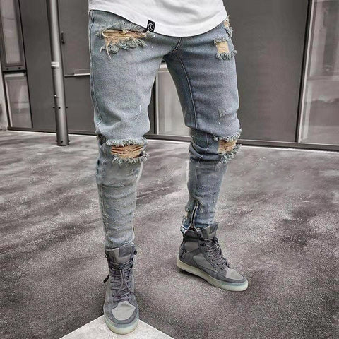 New Jeans Men Spring MenClothes Denim Pants Distressed Slim Fit Casual Trousers Stretch Ripped Jeans