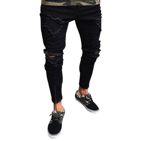 2019 Jeans Trousers Men Cool Black Hole Jeans Pants Skinny Ripped Destroyed Hip Hop Stretch Jeans Pants New Design Sexy Jeans