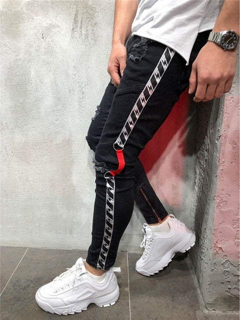 2019 Knee Hole Side Zipper Slim Distressed Jeans Men Ripped tore up streetwear For Men slim stripe pants