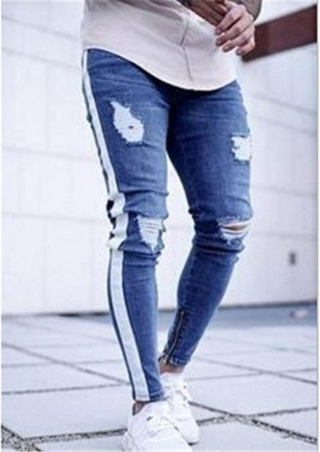 2019 new Knee Hole Side Zipper Slim Distressed Jeans Men Ripped tore up streetwear For Men slim stripe pants