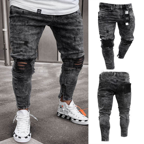 2019 Jeans Men Spring MenClothes Denim Pants Distressed Slim Fit Casual Trousers Stretch Ripped Jeans