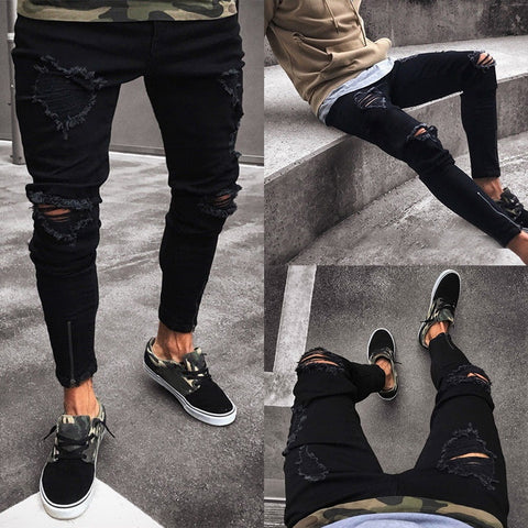 2019 Jeans Trousers Men Cool Black Hole Jeans Pants  Skinny Ripped Destroyed  Hip Hop Stretch Jeans Pants New Design Sexy Jeans