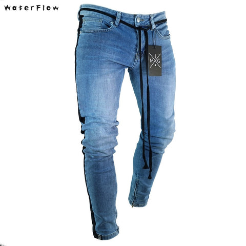 2019 new Knee Hole Side Zipper Slim Distressed Jeans Men Ripped tore up streetwear For Men slim stripe pants