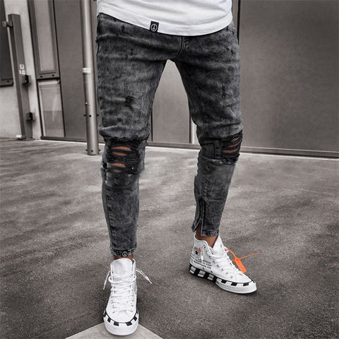 2019 Jeans Men Spring MenClothes Denim Pants Distressed  Slim Fit Casual Trousers Stretch Ripped Jeans