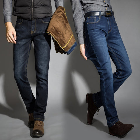 Winter Thermal Warm Flannel Stretch Jeans Mens Winter Quality Famous Brand Fleece Pants Men Straight Flocking Trousers Jean Male
